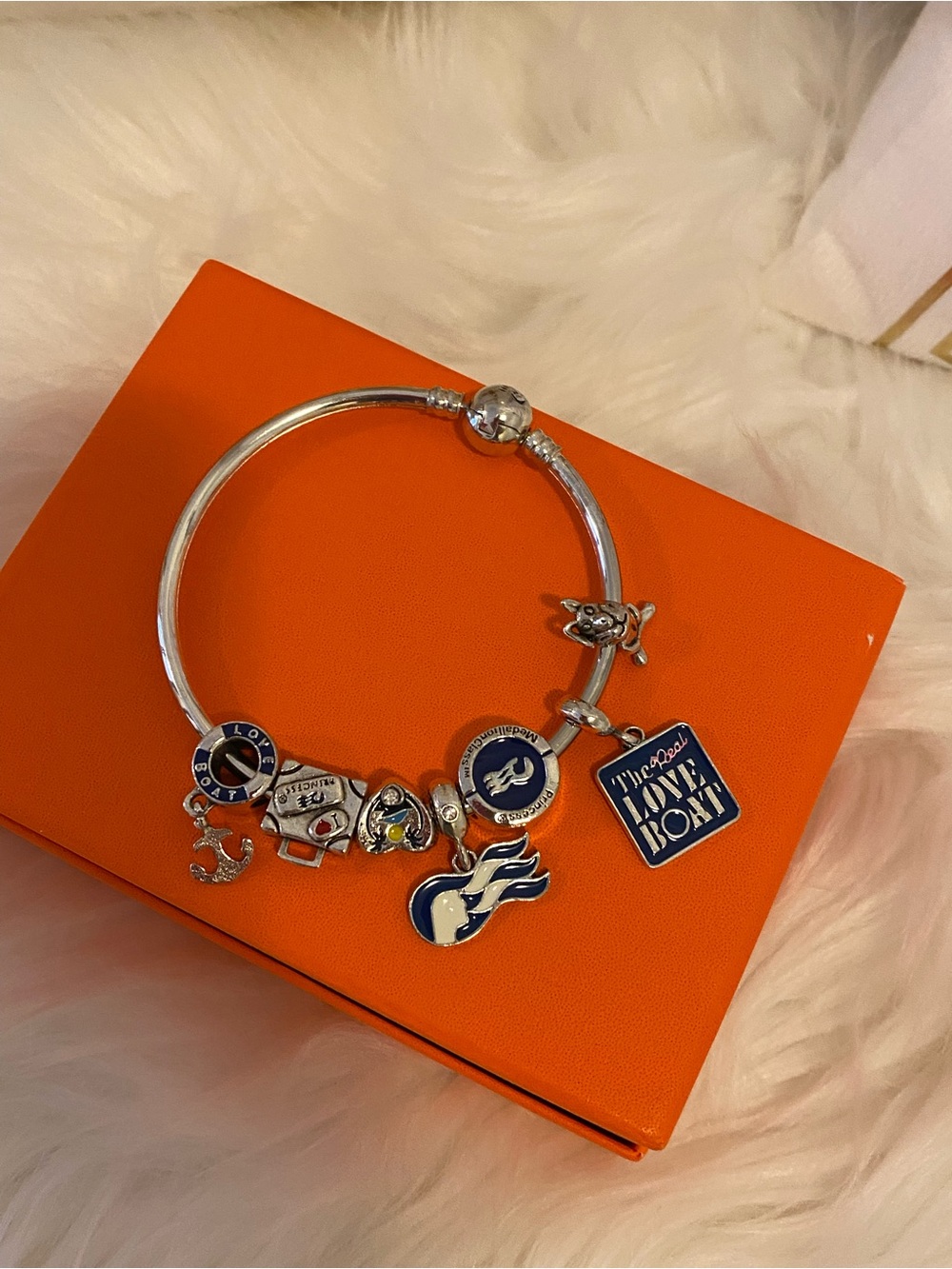 Princess Cruise-Silver Charm Bangle Bracelet with Navy & White Enamel Charms